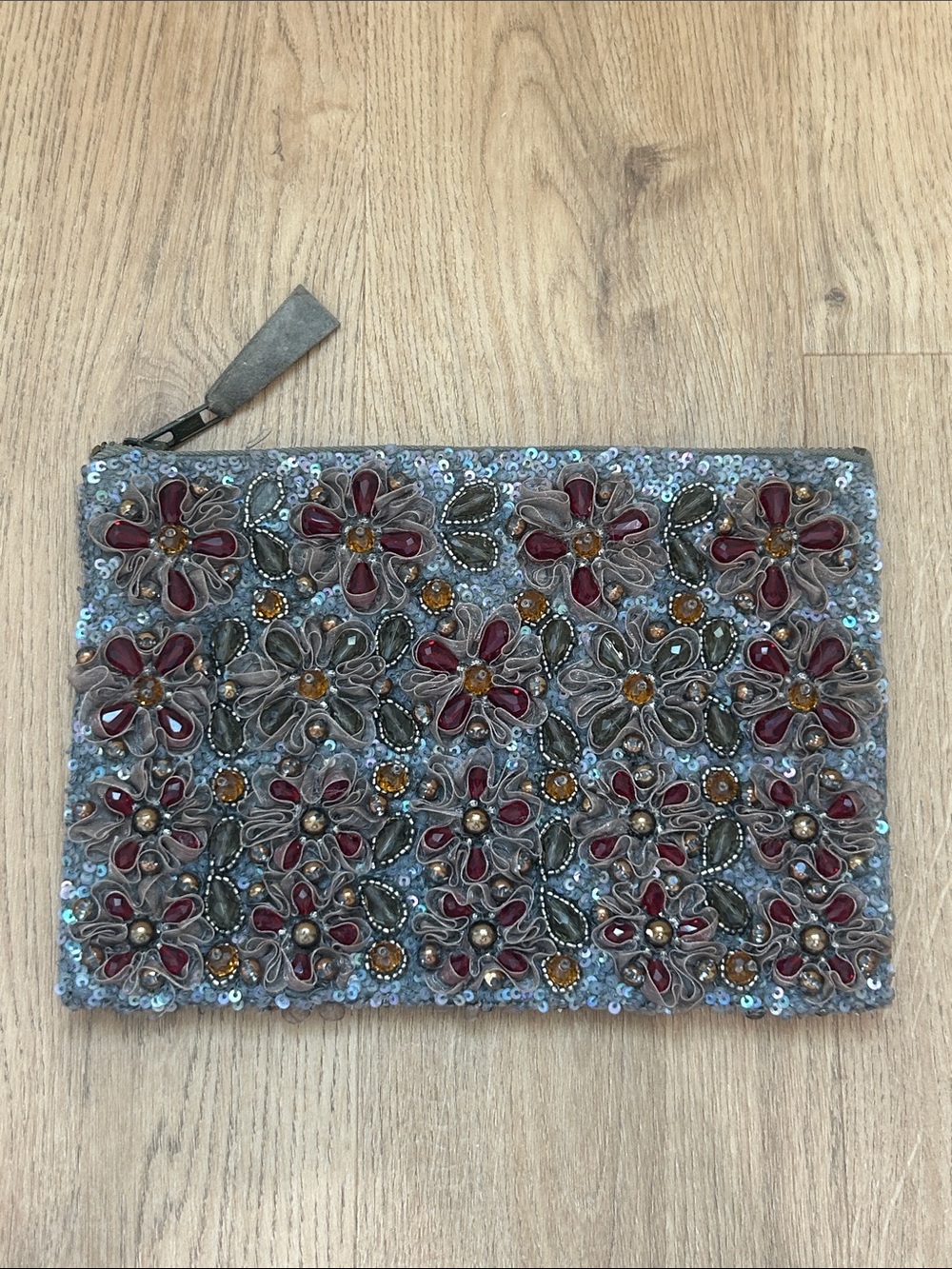 Anthropologie Sequin Beaded Floral Clutch Pouch EUC